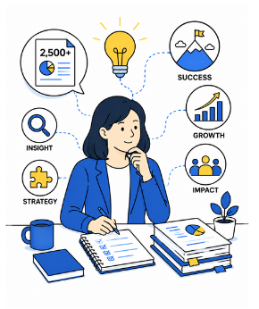 Business owner reviewing a business plan with strategic planning documents after insights gained from writing more than 2,500 business plans.